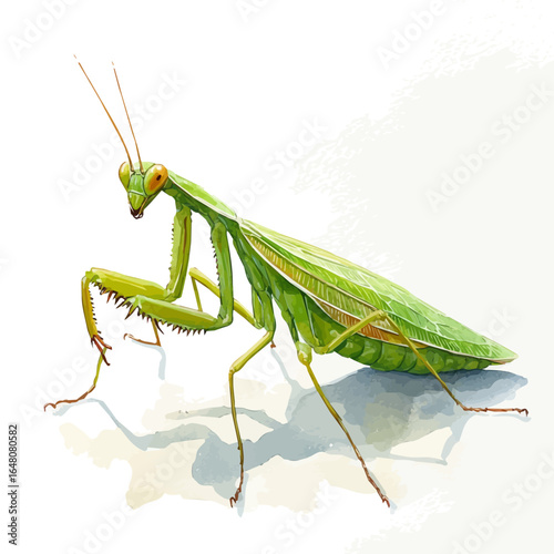 Praying Mantis, watercolor vector, isolated on a white background.