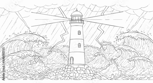 Powerful Lighthouse Standing Strong Amidst a Turbulent Ocean Storm with Crashing Waves and Jagged Lightning in a Detailed Monochrome Line Art Illustration