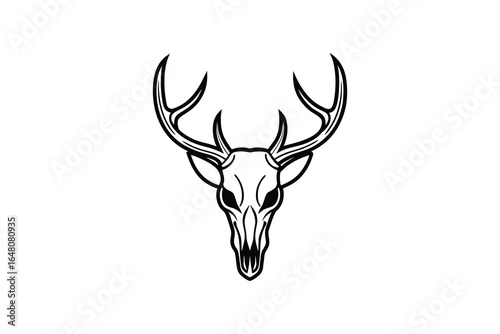 A black and white illustration of a deer skull with antlers on top silhouette