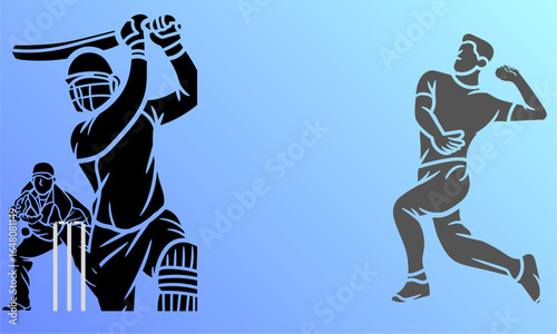 Cricket tournament championship competition banner with batsman, bowler, wicketkeeper, stump, cricket ball, cricket bat editable thumbnail vector illustration for cricket league, club,stadium and more