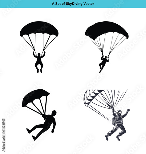 Illustrations showing different poses and angles of people engaged in skydiving activity