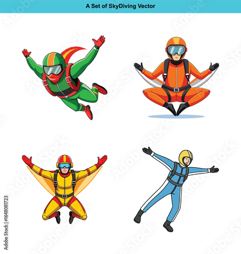 Four sky divers in colorful suits falling in different skydiving styles