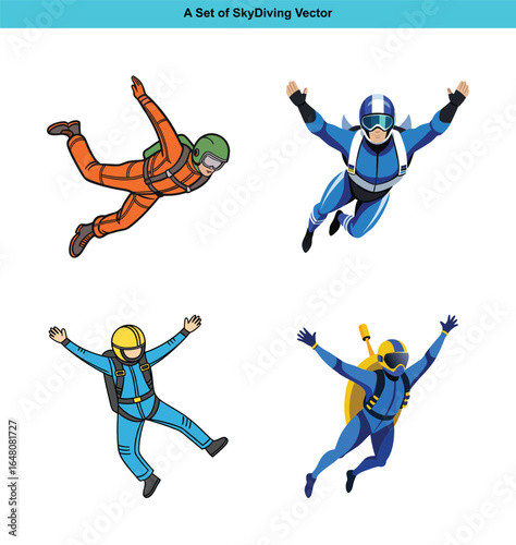 A group of people skydiving with different color suits and gear