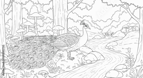 Enchanting Peacock Amidst a Mystical Forest A Captivating Coloring Book Page
