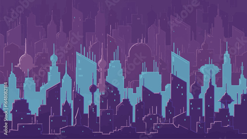 Futuristic City Skyline in Neon Lights Vector