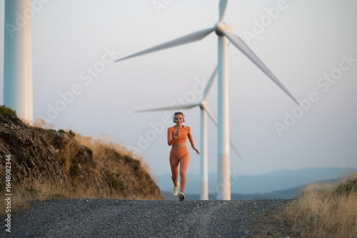 Young sportswoman running on a road near wind turbines listening music with headphones