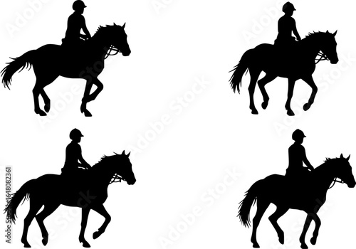Solid black silhouettes depicting different types of horseback riding activities