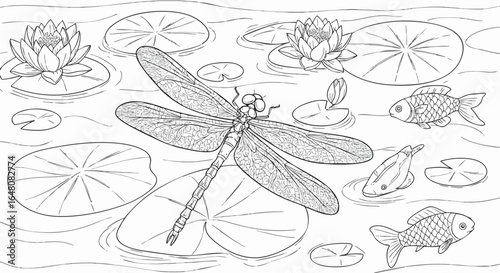 Dragonfly Resting on Lily Pads in a Pond with Fish A Black and White Illustration