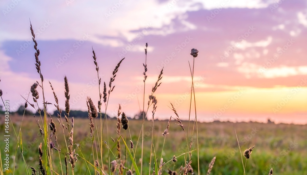 Obraz premium Soft breeze moving tall grass in open field, pastel sunrise sky