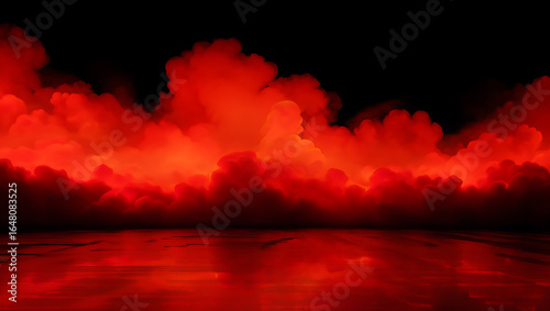 Dramatic red clouds glow above a dark reflective water surface.