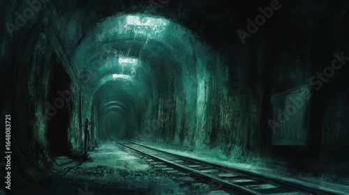 Dark, damp, abandoned subway tunnel with train tracks, arched ceilings, and eerie atmosphere.