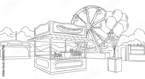 Detailed line art of a classic amusement park scene with a hot dog stand, Ferris wheel, and balloons. Perfect for coloring pages or design projects.
