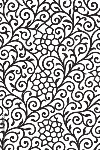 Intricate black and white floral pattern with swirling vines and stylized blossoms creating a classic damask or paisley inspired design