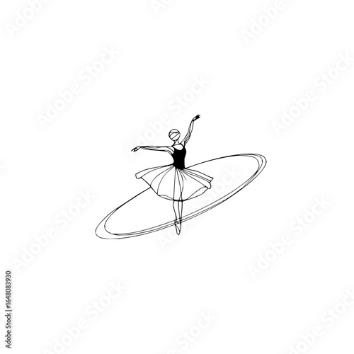 A ballerina in a black leotard and white tutu performing a dance with flowing lines around her form