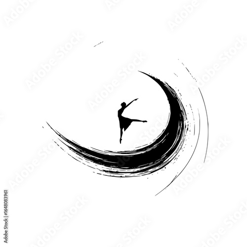 Silhouette of a ballerina in a graceful pose against a black brush stroke crescent shape design
