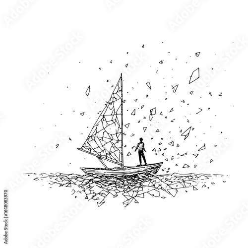A lone figure stands on a shattered sailboat amidst a sea of broken glass fragments in monochrome art