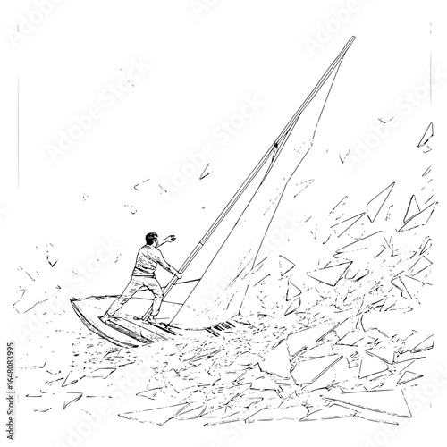 A man on a sailboat amidst a sea of shattered glass in a black and white sketch illustration style