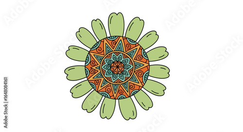 Intricate Floral Mandala Design with Soft Green Petals and Detailed Center. Suitable for spiritual art, meditative backgrounds, and creative design projects.