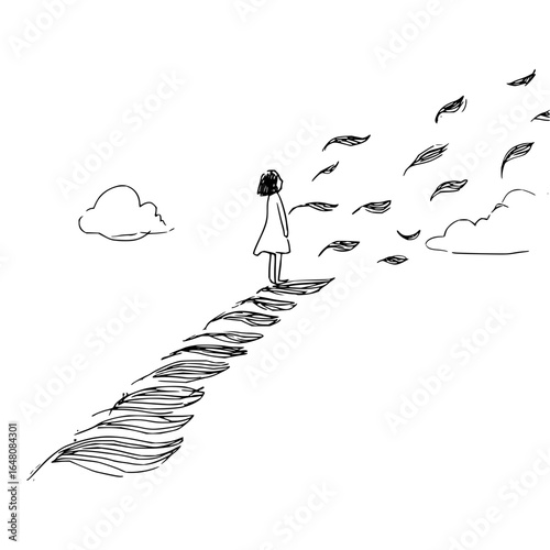 A girl stands on a feather path looking at floating leaves and clouds in a simple line drawing style