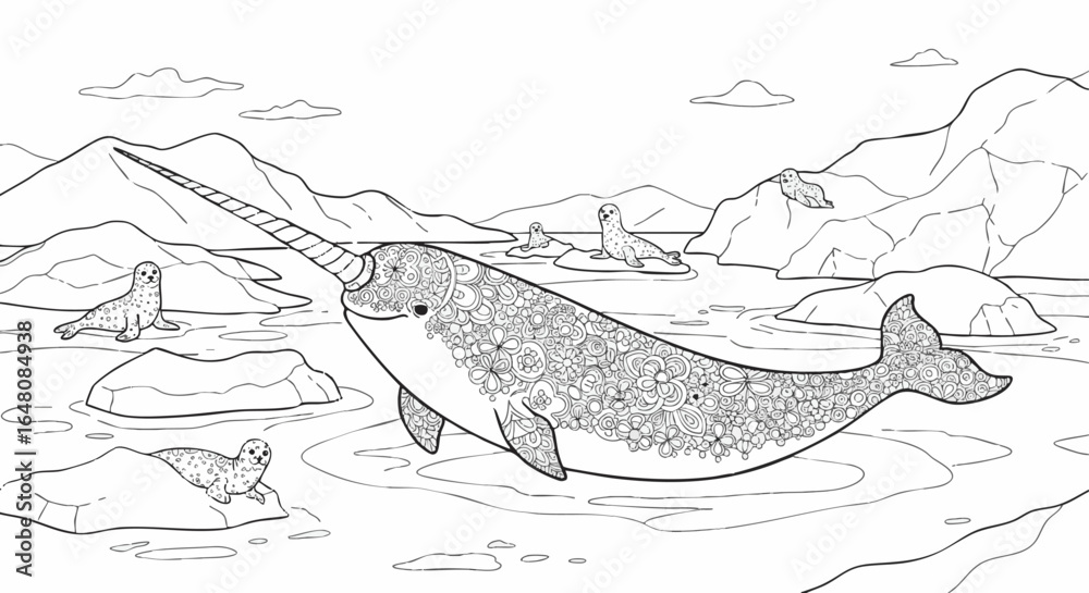 Obraz premium Detailed arctic animal coloring page featuring a zentangle narwhal and seals on ice floes, a vector line art illustration for creative activity.