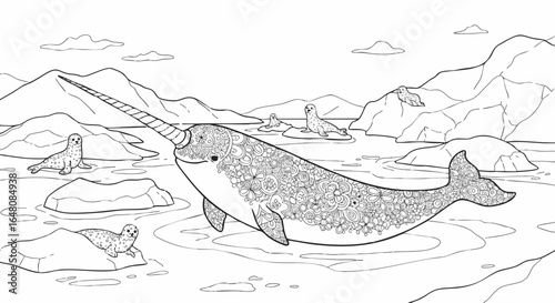 Detailed arctic animal coloring page featuring a zentangle narwhal and seals on ice floes, a vector line art illustration for creative activity.