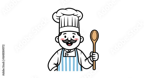 Cheerful Cartoon Chef with Wooden Spoon Illustration for Culinary Arts, Food Blogs, and Restaurant Design Projects, conforming to Adobe Stock guidelines