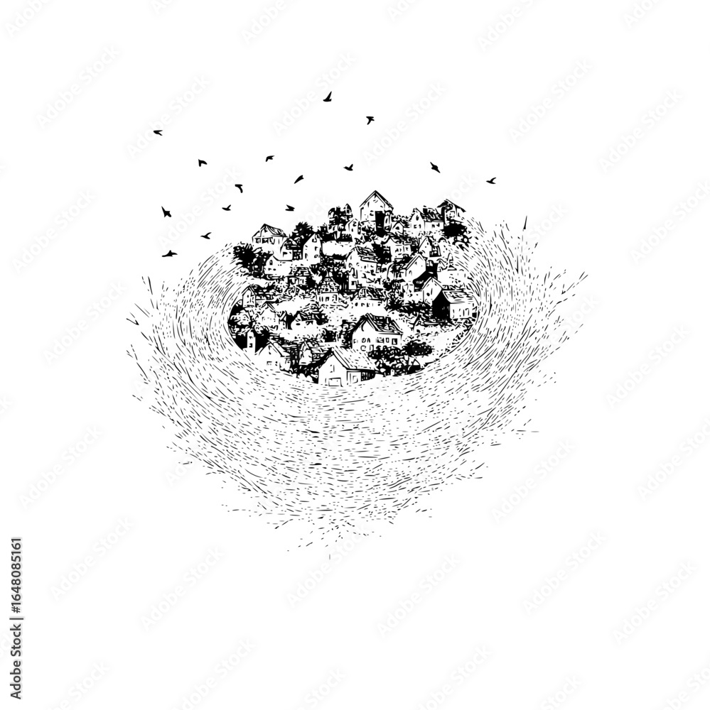 Obraz premium A whimsical sketch of a village nestled within a swirling vortex with birds flying above it all