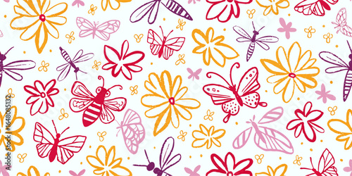 Wallpaper Mural Colorful Butterflies, Bees, Dragonflies & Flowers Seamless Pattern Torontodigital.ca