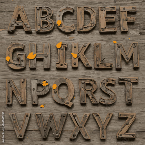 Textured Wooden Alphabet with Rustic Charm and Autumnal Accents, featuring Riveted Details on a Weathered Timber Background for Vintage Design
