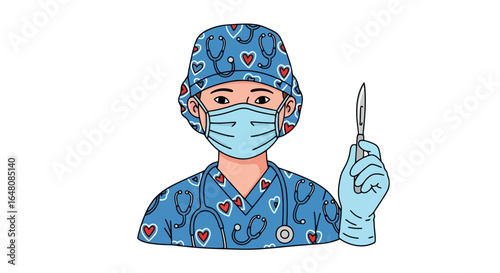 Detailed vector illustration of a surgeon in scrubs holding a scalpel, ideal for medical education, healthcare awareness campaigns, and surgical procedure explanations.