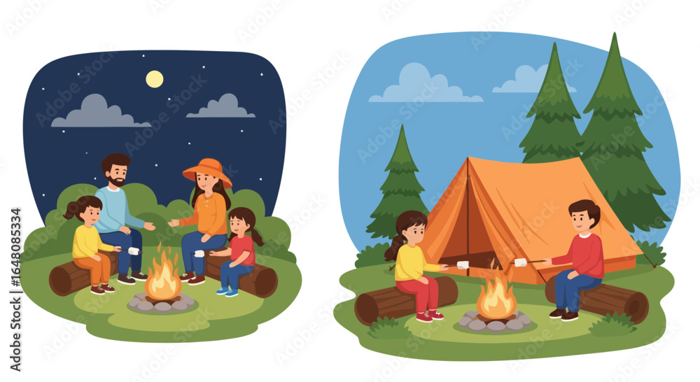 Naklejka premium Family Camping Trip Illustration Depicting Day and Night Activities, Perfect for Promoting Outdoor Recreation, Family Vacations, and Summer Camp Programs