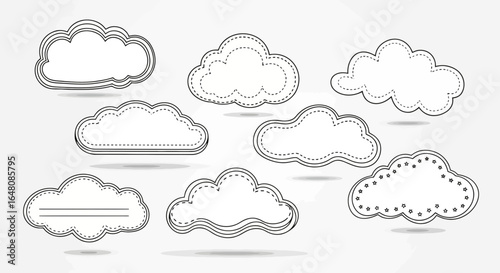 Hand-Drawn Cloud Illustration Set with Stitched Edges for Creative Design Projects and Weather-Related Graphics, Providing Versatile Elements for Web and Print Media