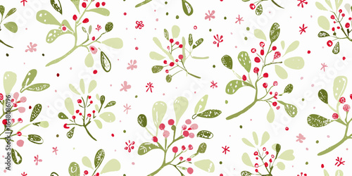 Seamless Christmas Holly Berry Pattern, Festive Holiday Green Red Watercolor Floral Design