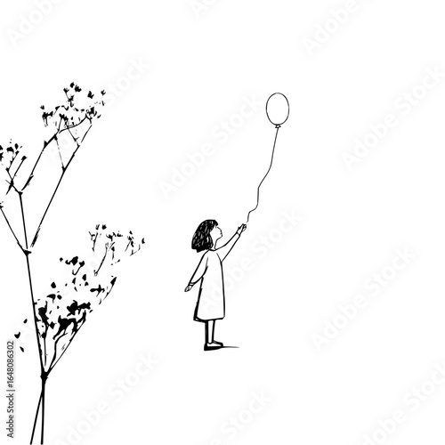 A girl reaching for a balloon next to a plant with small leaves in a minimalist black and white drawing