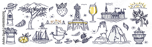 Hand-drawn illustration of coastal scenery, landmarks, drinks and food