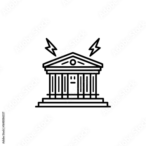 Iconic depiction of a greek temple with two lightning bolts emanating from the roof area and pillars