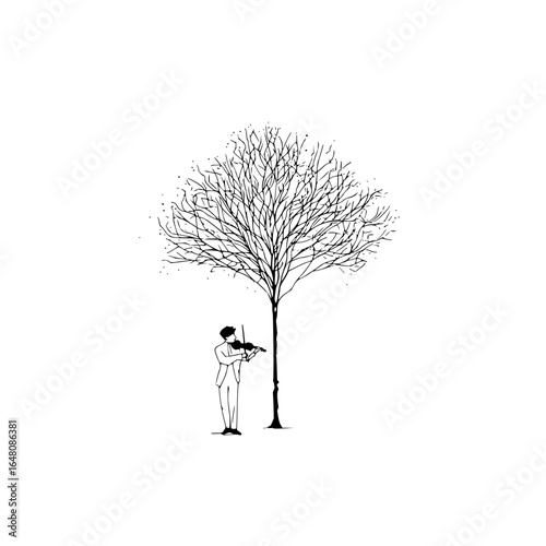 A minimalist illustration of a violinist playing under a bare tree in black and white style art