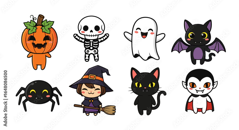 Fototapeta premium Adorable Halloween Character Set Featuring Pumpkin, Skeleton, Ghost, Bat, Spider, Witch, Cat, and Vampire for Festive Decorations and Children's Illustrations