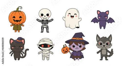 Adorable Halloween Character Set for Festive Decorations, Party Invitations, and Children's Illustration Projects to Enhance the Spooky Celebration
