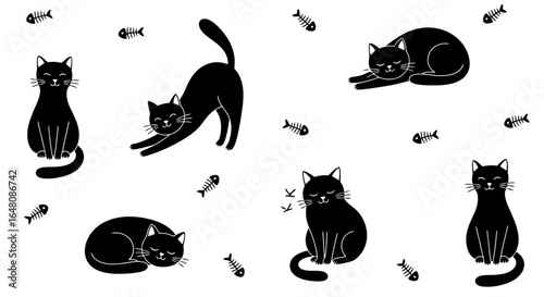 Whimsical Black Cat Pattern Illustration for Children's Decor, Pet Product Designs, and Playful Backgrounds for Web and Print