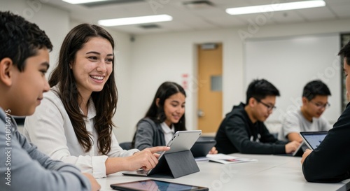 Students in a classroom working with tablets