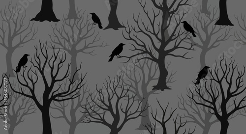 Eerie Forest Illustration Featuring Silhouetted Trees and Ravens Perched on Branches, Ideal for Halloween-Themed Designs and Gothic Backgrounds