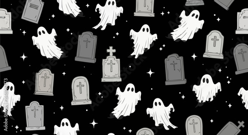 Spooky Halloween Pattern with Ghosts and Tombstones on a Dark Background, Ideal for Festive Decorations, Crafts, and Seasonal Design Projects