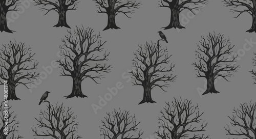 Eerie Forest Pattern Featuring Bare Trees and Ravens Against a Gray Backdrop, Ideal for Halloween Designs or Dark Fantasy Themed Projects