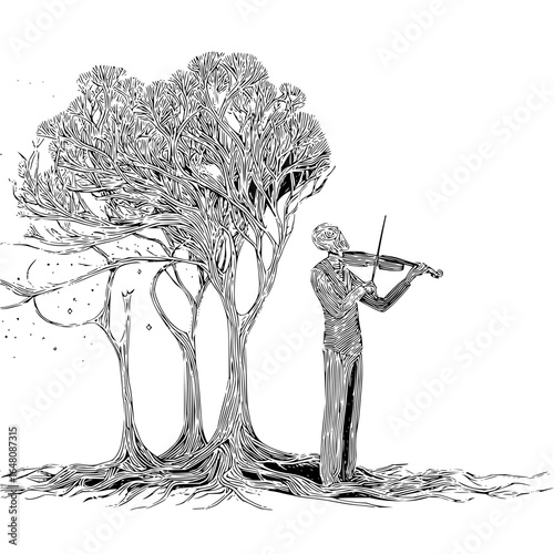 A monochrome drawing of a man playing violin next to a large tree with intricate branches and roots
