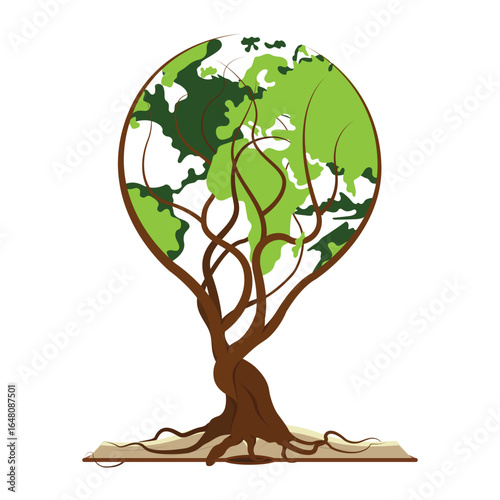 Stylized illustration of a tree whose canopy forms the continents of Earth. A symbolic metaphor for growth, roots, nature, and sustainability, set on a white canvas.