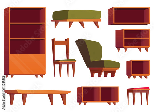 A cartoon illustration presenting a diverse collection of wooden and upholstered furniture pieces arranged against a white background, showcasing various styles and designs.