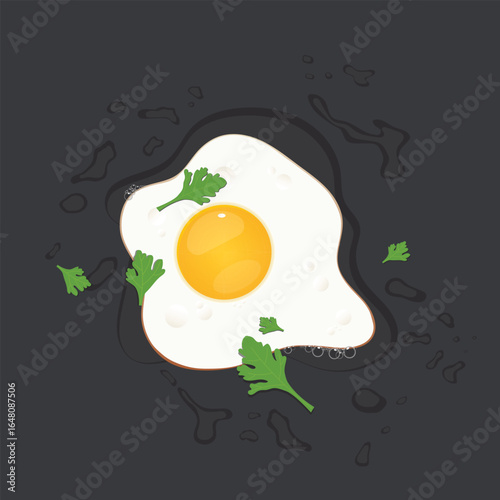 A sunny-side-up fried egg glistens on a dark surface. Fresh parsley adds a touch of green to this simple, appetizing food illustration. Ready to eat breakfast.