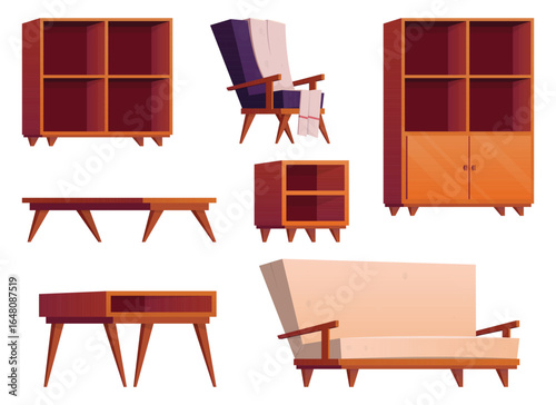 A collection of mid-century modern style furniture including armchairs, sofas, bookcases, and coffee tables, featuring clean lines, geometric shapes, and wooden frames.