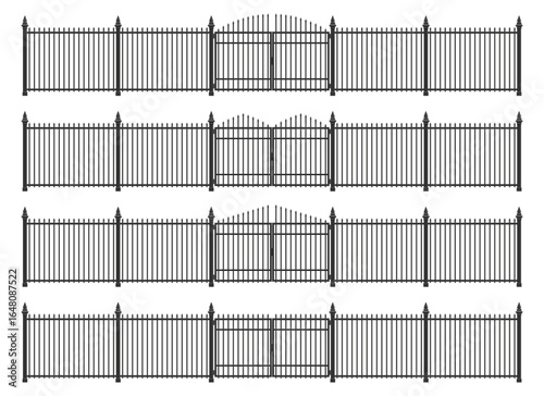 Four rows of black metal fences and gates are evenly spaced. Each segment has a gate. The tops are decorated with decorative elements. They are placed against a white background.